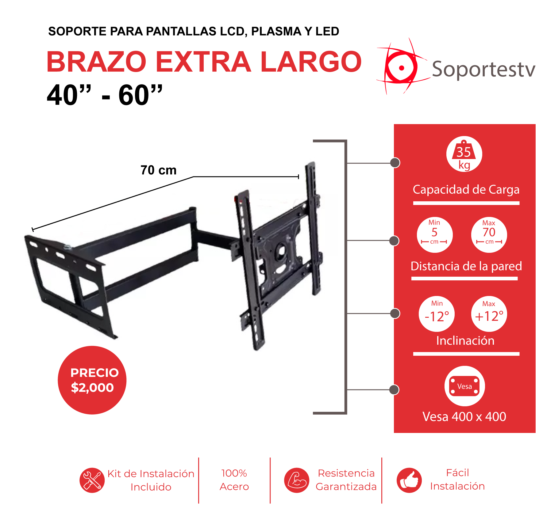 soporte de brazo extra largo de 70cm con giros de 90 grados